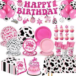 Cowgirl Birthday Party Decorations Supplies - 229 Pcs Western Disco Party Kit with Banner, Plates, Cups, Cutlery, Balloons & Table Cover, Serve 30