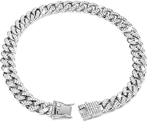 Tallew Silver Dog Chain Diamond Collar Walking Metal Chain Necklace with Secure Buckle Pet Cuban Style Collar Jewelry Accessories for Small Medium Large Dog Cats (8 inch)