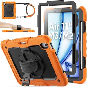 SEYMAC stock for iPad Air 11 inch Protective Case M3 2025/ M2 2024 (Air 7th/ 6th Generation), Heavy Duty Case with Screen Protector, Pencil Holder, Rotating Stand, Hand Strap, Shoulder Strap, Orange
