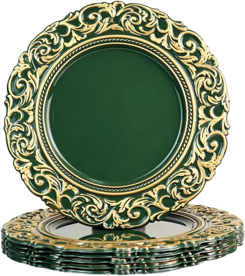 Green Charger Plates with Gold Embossed Rim, Plate Chargers for Dinner Plates. Set of 6, 13 Inch Plastic Charger for Dinner and Party, Christmas, Thanksgiving.