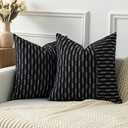 Kevin Textile Ink Black and Beige Patchwork Farmhouse Pillow Covers 16x16 Inch, Pack of 2 Striped Linen Decorative Modern Accent Pillow Cases for Sofa Couch Bedroom