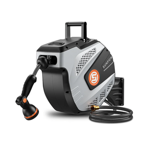SUNPOW Retractable Garden Hose Reel - 1/2 inch x 82ft Wall Mounted Hose Reel with 3/4 inch Brass Fitting & 10 Function Sprayer Nozzle - Any Length Lock, Auto Rewind System, 180°Swivel Bracket- Grey