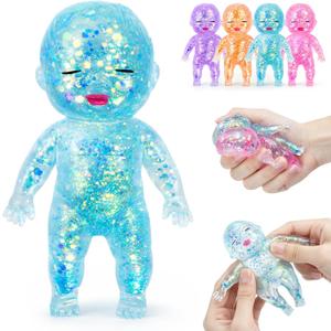 Baby Squishy Glittery- 4" Soft Squeezable Fidget Toy,Cute Sparkly Sensory Decompression Doll for Adults,Desk Decor & Anxiety Relief, Ideal for Birthday Gifts, Party Favors, Classroom Prizes (Blue)