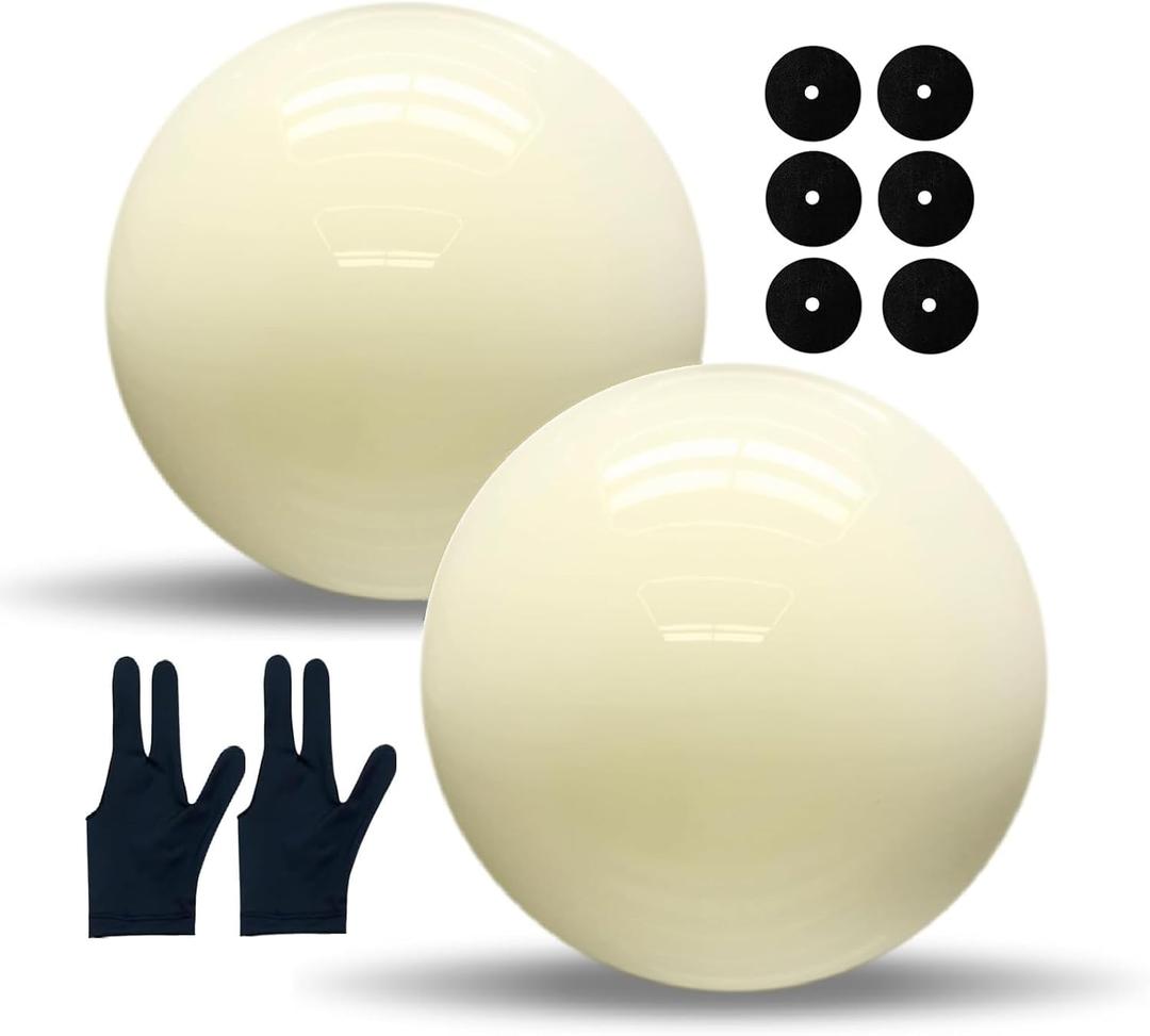 2-Pack White Billiard/Pool Cue Balls for Billiard Table Accessory Replacement Training, 2-1/4" Regulation Size 6 oz with Three Finger Billiard Gloves and 6 Pool Table Marker Spots/Dots