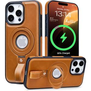 Butaiga for iPhone 15 Pro Case Leather Strap with Ring Stand, Brown | Finger Loop, Relieve Smartphone Pinky Strain, Kickstand, Fit for Magsafe, Slim Fit, Anti-Slip, Texture Grip, Shockproof