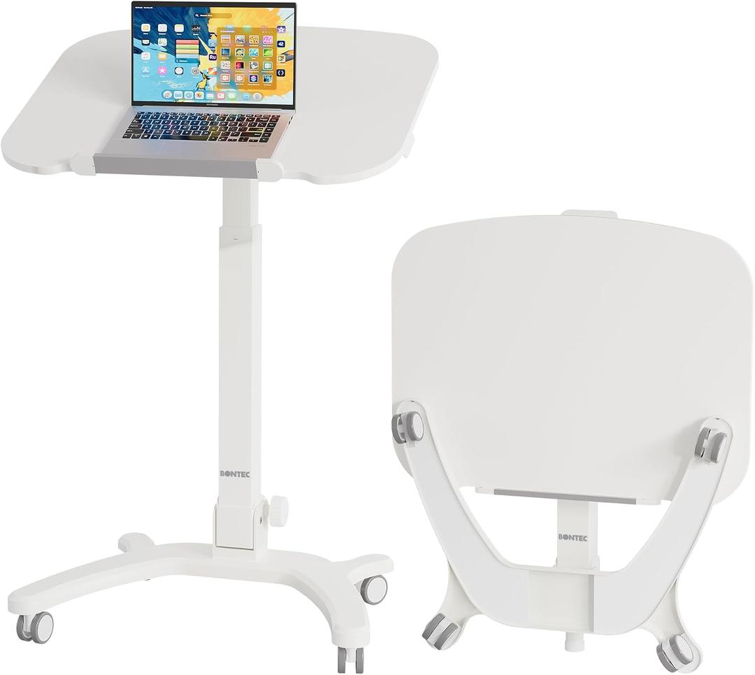 BONTEC Mobile Foldable Standing Desk, Portable Adjustable Height Desk with Gas Spring, Small Rolling Laptop Desk with Wheels for Home, Office, Bedroom, and Medical Use, 25.6" x 19.7" Desktop, White, Compact