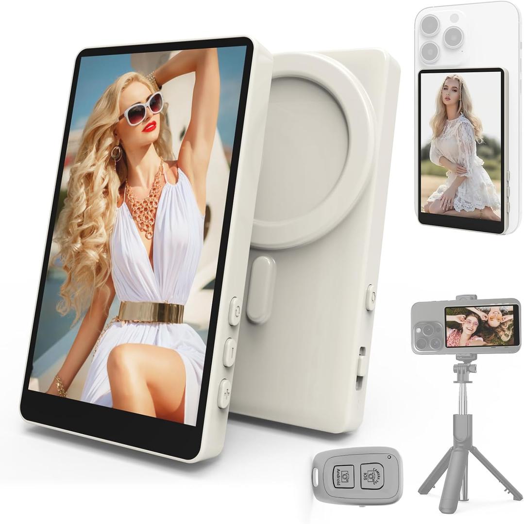 Vamvo Selfie Monitor Screen, Vlog Magnetic with Remote Control, 1080P Wireless Screen Mirroring Video Recording for Android iOS, for Content Creator, Live Stream & TikTok (White)
