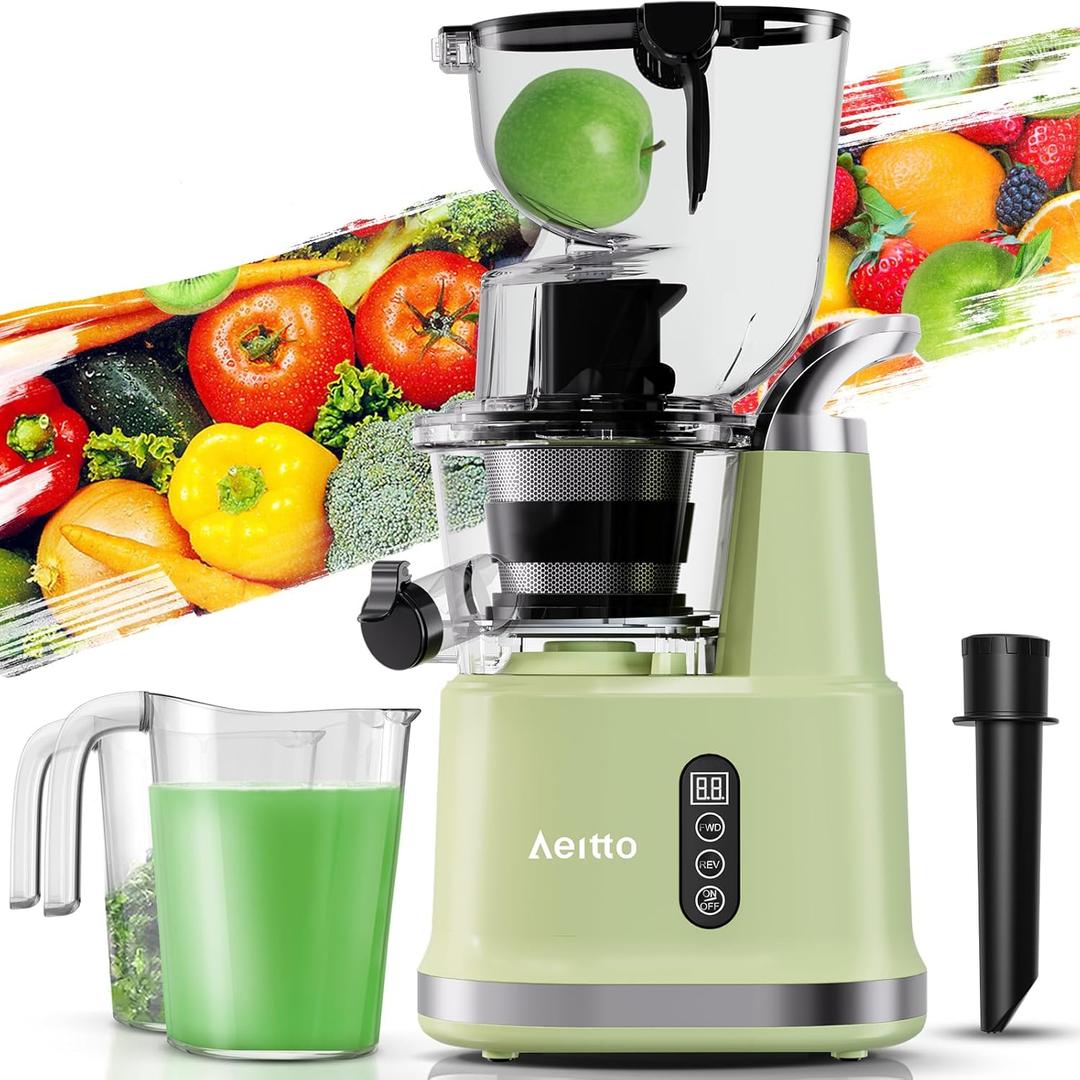 Aeitto Cold Press Juicer,Masticating Juicer Machines with 3.3" Large Feed Chute for Vegetables and Fruits,Self Feeding for Juice Extractor,Large Capacity,High Juice Yield,Easy to Clean, Avocado Green