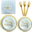 96 Pieces White and Gold Disposable Birthday Plates and Napkins Party Supplies,Plastic Forks Serve 24 Guests for Birthday Party Decorations