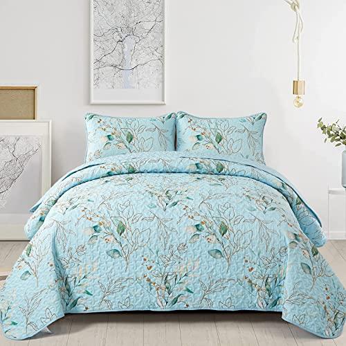 3 Pieces Floral Quilt Set Queen Size,Blue Leaf Queen Quilt Sets Soft Bedspread Queen Size Bedding Set for All-Season (96"x90")