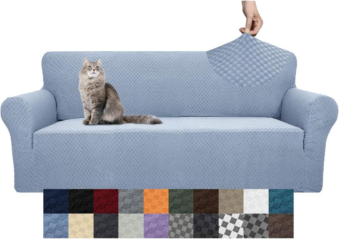 YEMYHOM Couch Cover Latest Jacquard Design High Stretch Sofa Covers for 3 Cushion Couch, Pet Dog Cat Proof Slipcover Non Slip Magic Elastic Furniture Protector (Large, Light Blue)