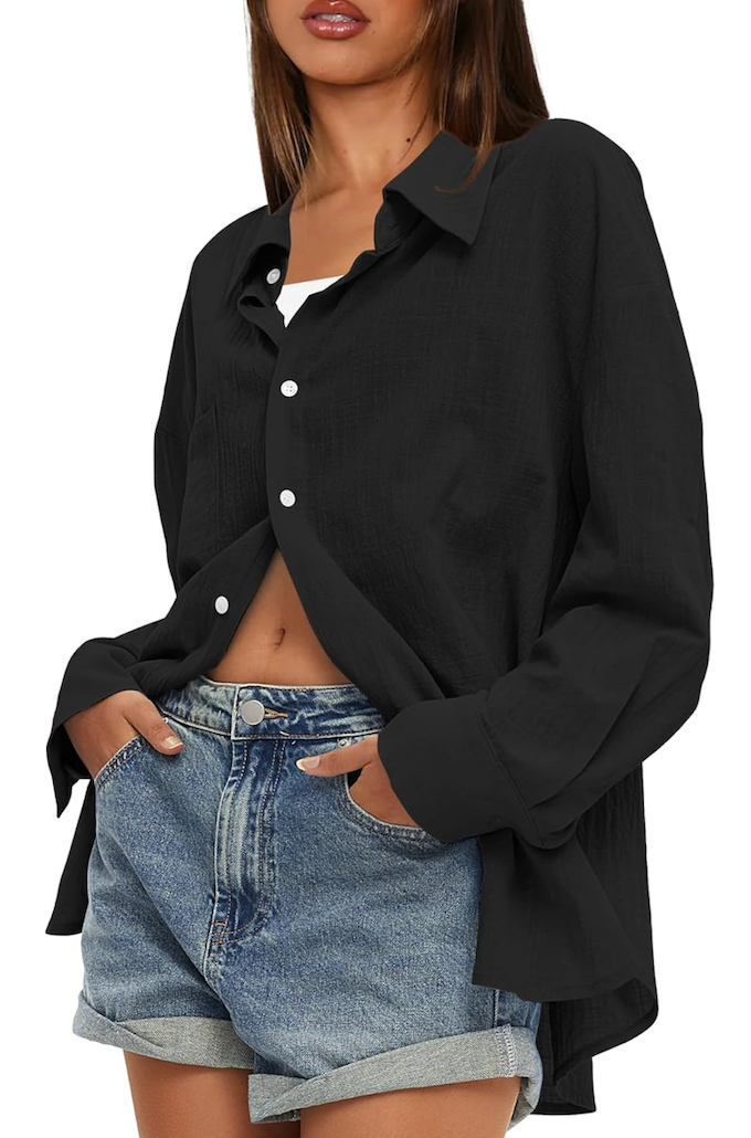 Darong Women's Button Down Long Sleeve Shirts Cotton Blend Casual Oversized Boyfriend Loose Fit Blouse Top L