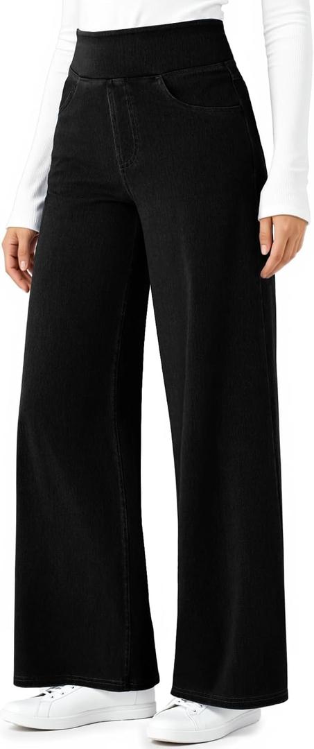 DLOODA Wide Leg Stretchy Sweatpants Jeans for Women, High Waisted Baggy Casual Pull On Jeans Elastic Waist Loose Denim Pants, Medium