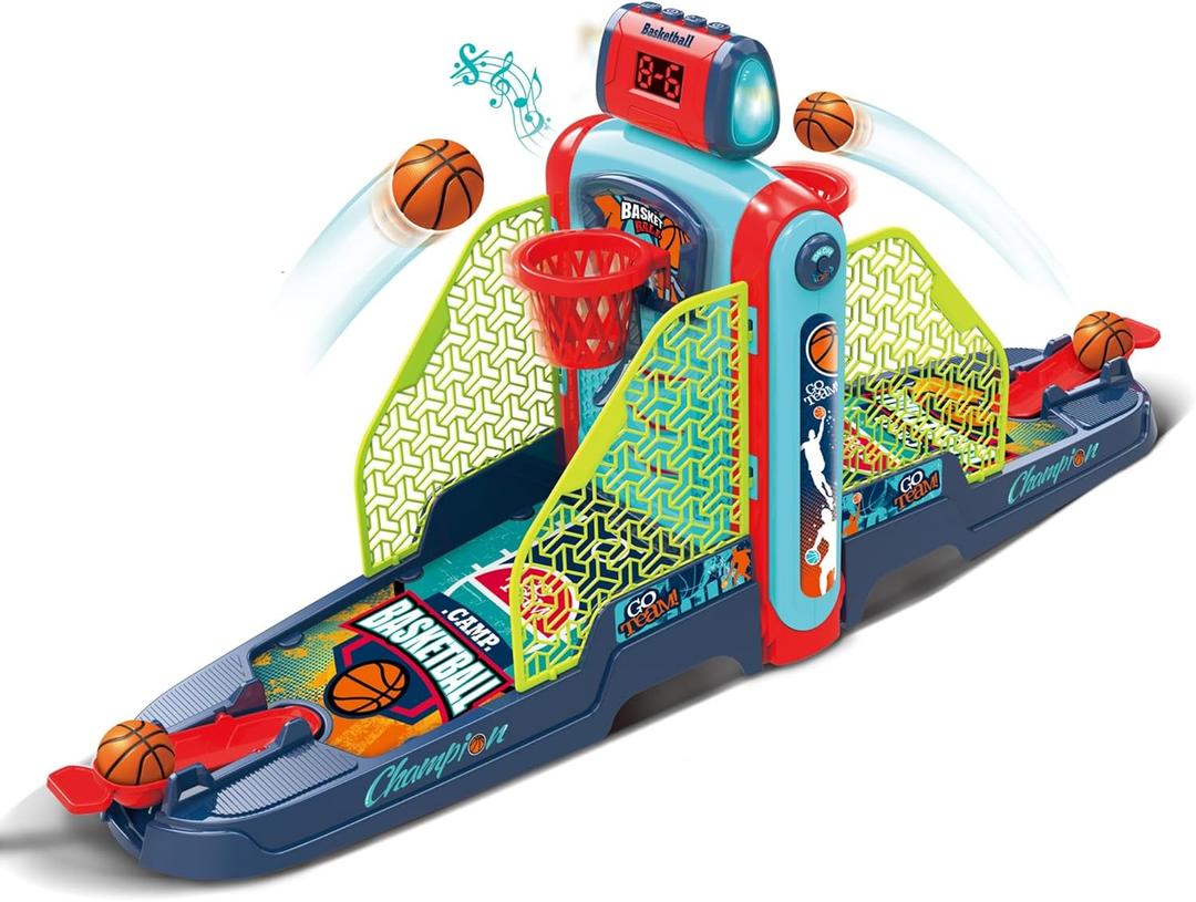 Tabletop Basketball Game — 2-Player Mini Basketball Game with Electronic Scoring & Timer, Two-Hoop Design for Desk Play, Moving Hoop Challenge for Kids, 29 × 7.5 × 8.7 inches