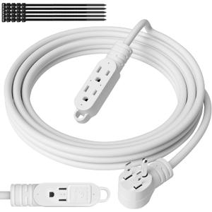 3 Prong Power Extension Cord with Multiple Outlets 10 FT, 16/3 Gauge Multi 3 Outlet Wire, 90 Degree Angled Male Plug, 16 AWG Grounded Wire (13A 125V 1625W), ETL Listed, White Cable with 25 Cable Ties