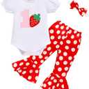 GRNSHTS Baby Girl Birthday Clothes First One Letter Short Sleeve Romper+Flared Pants+Headband 3Pcs Cake Smash Outfits (12-18 Months)