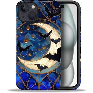 CARLOCA Case for iPhone 15,Halloween Bats Spooky Moon Stars Design Hybrid Dual Protection Soft TPU + Hard PC, Shockproof & Anti-Scratch Cover Men Women Stylish Protective Phone Case