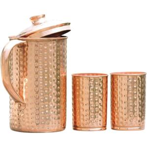 100% Pure Copper Pitcher 50.72 Oz / 1500 ml With 2 Tumblers | Drinking Water Hammered Pitcher With Glasses | Copper Jug Set With Lid & Cups | Handle Water Bottle | Ayurveda Health Benefits