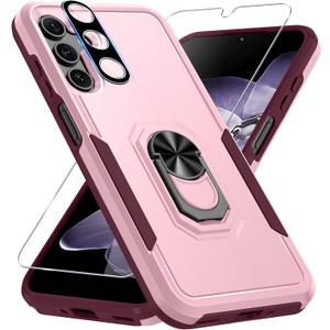 Janmitta Compatible with Samsung Galaxy A16 5G Case with Screen Protector+Camera Lens Protector,Heavy Duty Full Body Phone Cover Built in Ring Holder Kickstand,2025 Cute Pink
