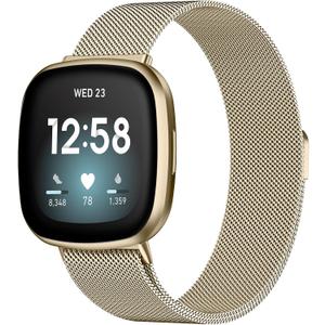 ZWGKKYGYH Bands Compatible with Fitbit Sense 2/Sense/Versa 3/Versa 4 Smartwatch Women Men, Stainless Steel Metal Mesh Magnetic Band Replacement for Sense/Versa 3/4, Small Champagne (S: 5.5" - 7.5")