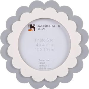 Handicrafts Home Scalloped Bone Inlay Picture Frame 4x4 Handmade Round Decorative Photo Frame, Grey & White Boho Desk & Shelf Decor, Vintage Style Small Frame for Nursery, Home Styling & Gift