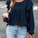 PRETTYGARDEN Women's Long Sleeve Shirts Ruffle Swiss Dot Crochet Loose Fit Tunic Dressy Casual Tops Blouses Spring Fashion (XS)