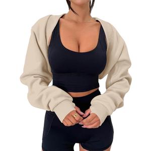 MISSACTIVER Women's Long Sleeve With Thumb Hole Bolero Shrug Top Open Front Fleece Loose Fit Cropped Shawl Sweatshirt Workout (Apricot) S