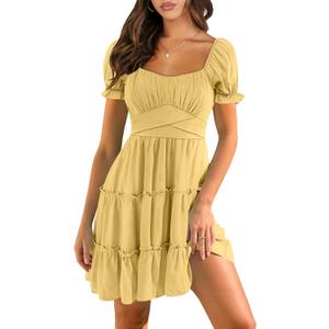 Caracilia Womens Dresses Summer 2025 Short Sleeve Square Neck Mini Dress Babydoll A-Line Ruffle Flowy Casual Beach Clothes (Medium, Yellow)