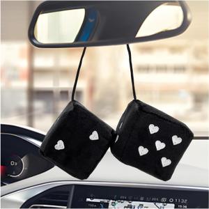 2 x 2 PCS Fuzzy Plush Dice for Car Mirror, 2.75" Retro Square Heart Shape Car Rearview Mirror Cute Decor, Fluffy Dice Vehicle Hanging Ornament Decoration Interior for Women (Black)