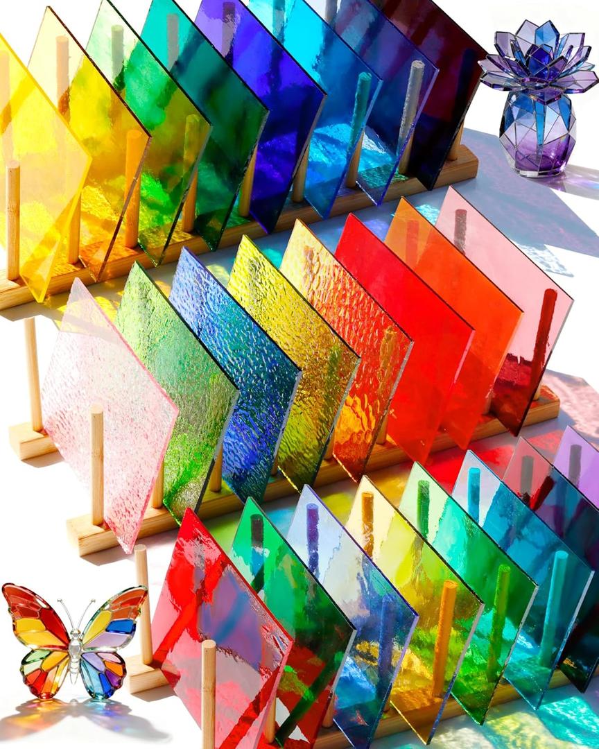 FIVEIZERO 24 Sheets Rainbow Transparent Stained Glass Sheets 4x6 Inch Mixed Color Stained Glass Supplies for Suncatchers, Mosaic Crafts, Fused Glass Supplies, Window Art & DIY Projects