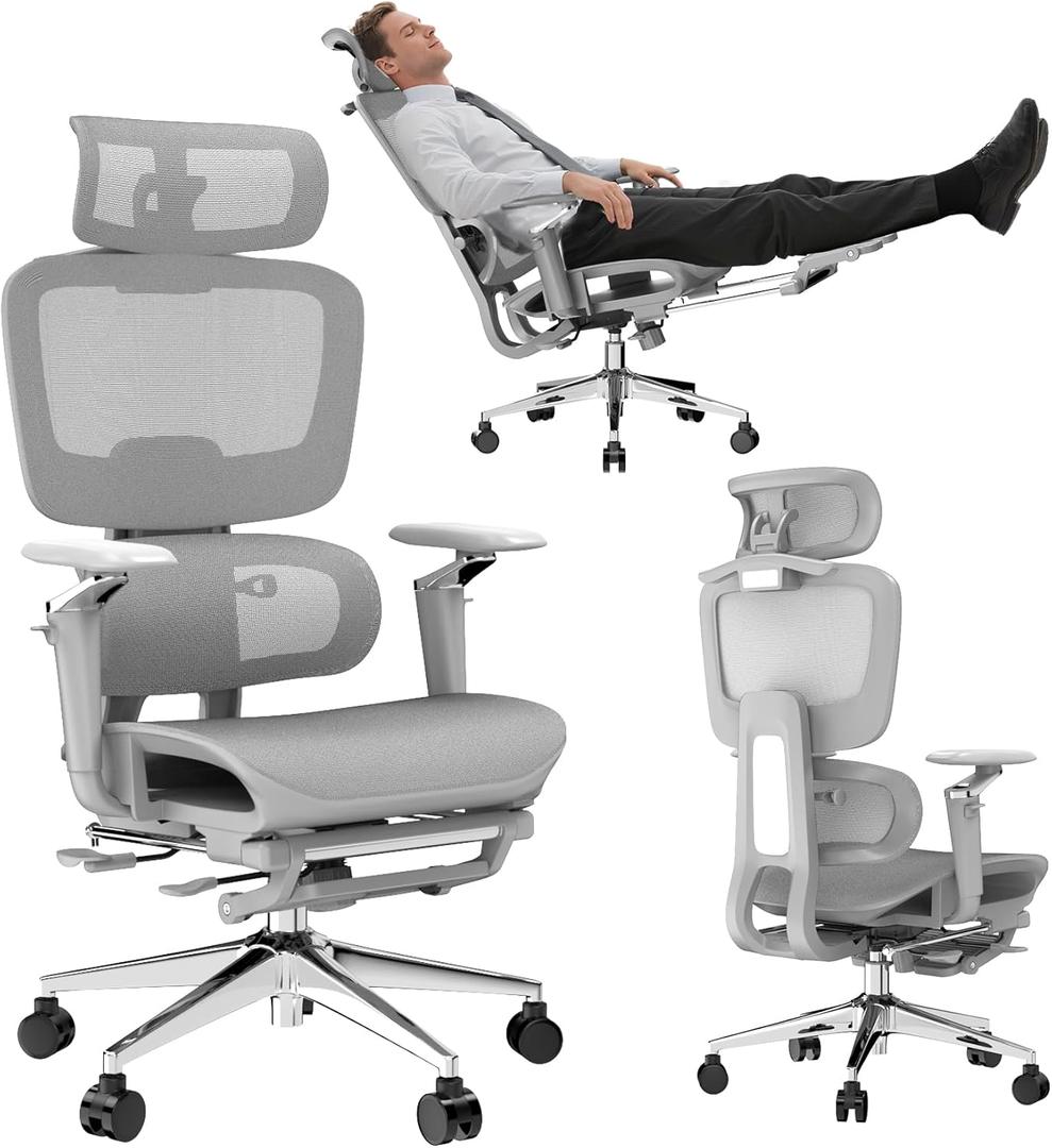 D300 Ergonomic Office Chair with Footrest,Big and Tall Desk Chair with 3D Separate Lumbar Support & Comfy Headrest,6D Adjustable Armrests,High Back Swivel Mesh Computer Chair for Long Hours(Gray)