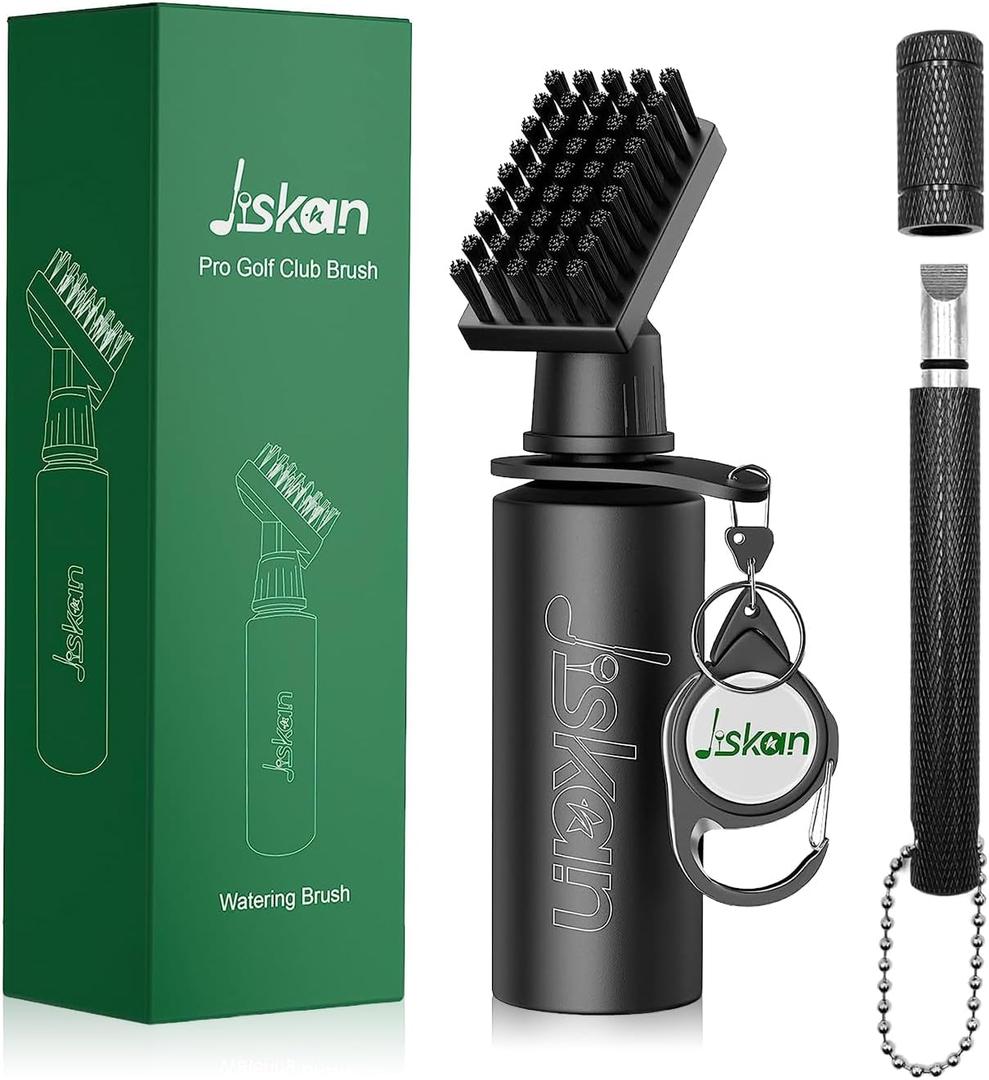Jiskan Pro Golf Club Cleaner Brush Golf Groove Sharpener Tool with Retainer Clip and Squeeze Water Bottle 7.5 Inches Holds 4 Ounces of Water, Essentials Golf Bag Accessories Best Golf Gifts for Men