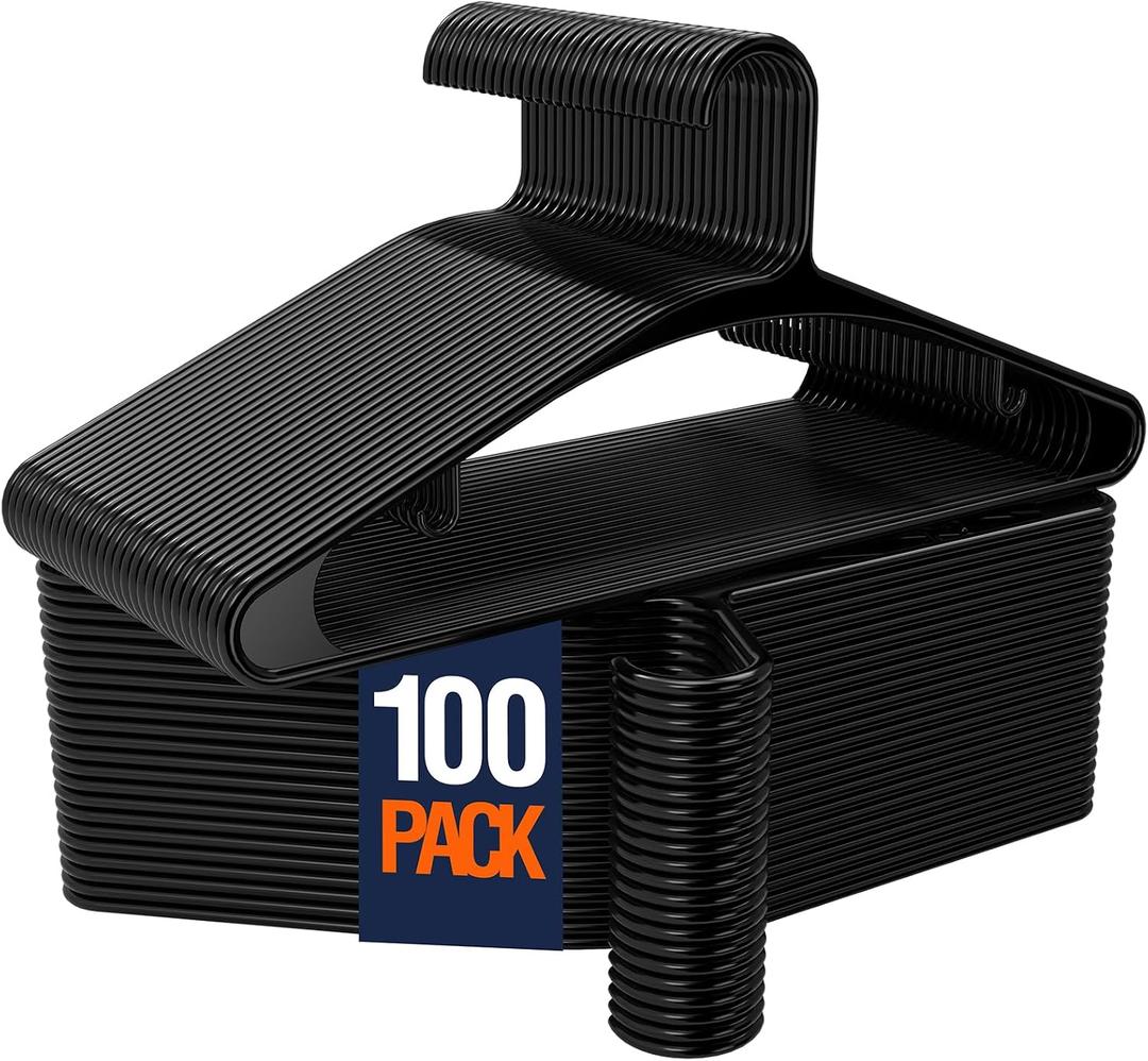 Black Plastic Hangers 100 Pack Slim Clothes Hangers with Strap Hook, 16 x 7.3 inches