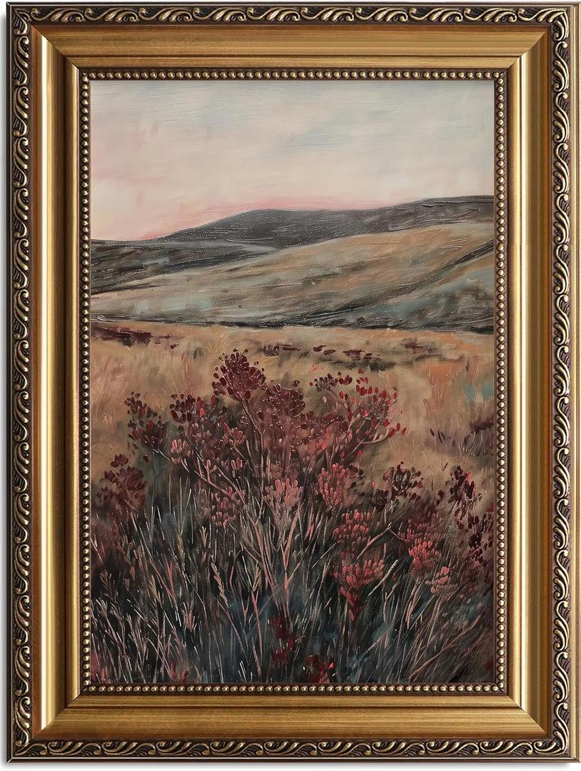 ASTRDECOR Gold Framed Moody Vintage Landscape Wall Art - Maroon Wildflowers Pastoral Canvas Print, Wildflower Oil Painting Farmhouse Wall Decor, Rustic Countryside Nature Decor for Bedroom, Living Room 16''x24'' ASTRDECOR Gold Framed Moody Vintage Landscape Wall Art - Maroon Wildflowers Pastoral Canvas Print, Wildflower Oil Painting Farmhouse Wall Decor, Rustic Countryside Nature Decor for Bedroom, Living Room 16''x24''