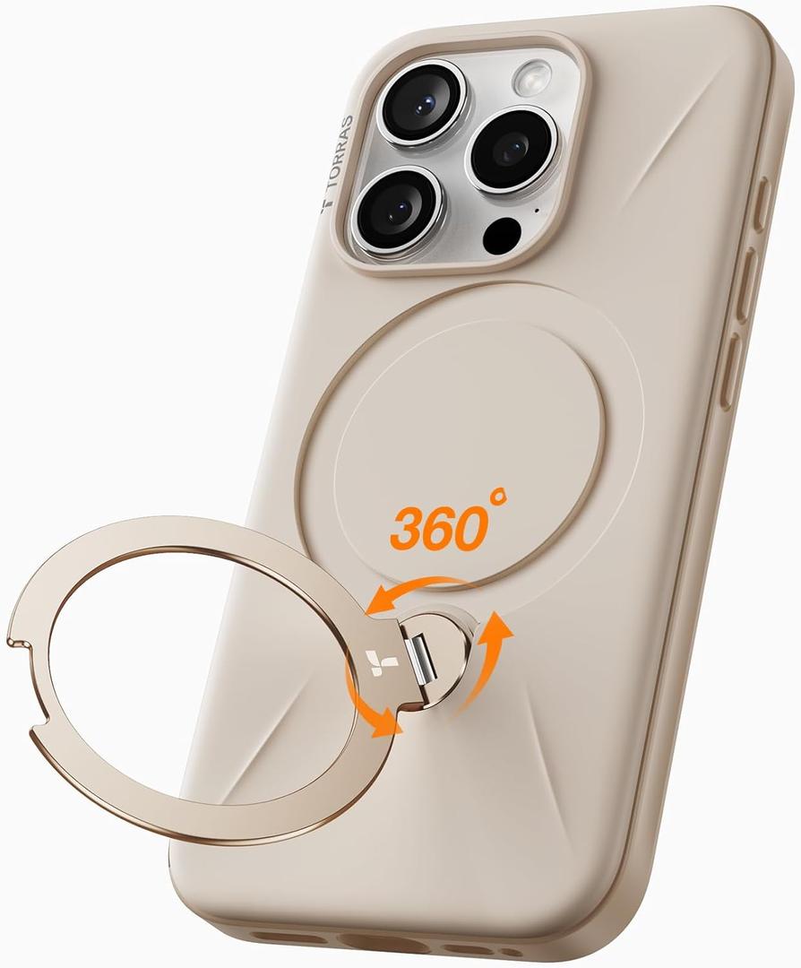 TORRAS 360 Spin Stand for iPhone 15 Pro Case, Fit for Magsafe, Mil-STD Protective Hard PC Scratch-Resistant Case for iPhone 15 Pro Phone Case Desert, Ostand Spin, Dune Beige, 6.1 inch