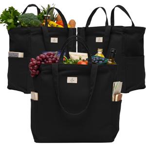 Nook Theory 3-Pack Reusable Grocery Bags - Heavy Duty, Large 12 Oz Cotton Canvas Reusable Shopping Bags With Pockets, 100% Cotton Cloth Grocery Totes, Foldable Multi Compartment (Black)