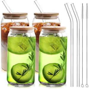 HOMBERKING Glass Cups with Bamboo Lids and Straws 4pcs Set, 16oz Can Shaped Drinking Beer Glasses, Iced Coffee Cups, Cute Tumbler Cups with 1 Cleaning Brush, Ideal for Cocktail, Whiskey, Tea, Gift (4 Packs, Clear)