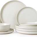 Famiware Milkyway Plates and Bowls Sets, 12 Pieces Dinnerware Sets, Reactive Glaze Dish Set, Stoneware Dishes Set for 4, Matte Beige White