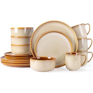 LERATIO Ceramic Dinnerware Sets for 4,16-PieceReactive Glaze Plates and Bowls Set with Mugs,Highly Chip and Crack Resistant | Dishwasher,Microwave & Oven Safe Dishes set-Kahki