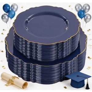 WDF 100pcs Blue Plastic Plates - Baroque Blue&Gold Disposable Plates for Parties/Wedding-50Plastic Dinner Plates 10.25in, 50Salad Plates 7.5in for Party/Birthday/Wedding/Graduation