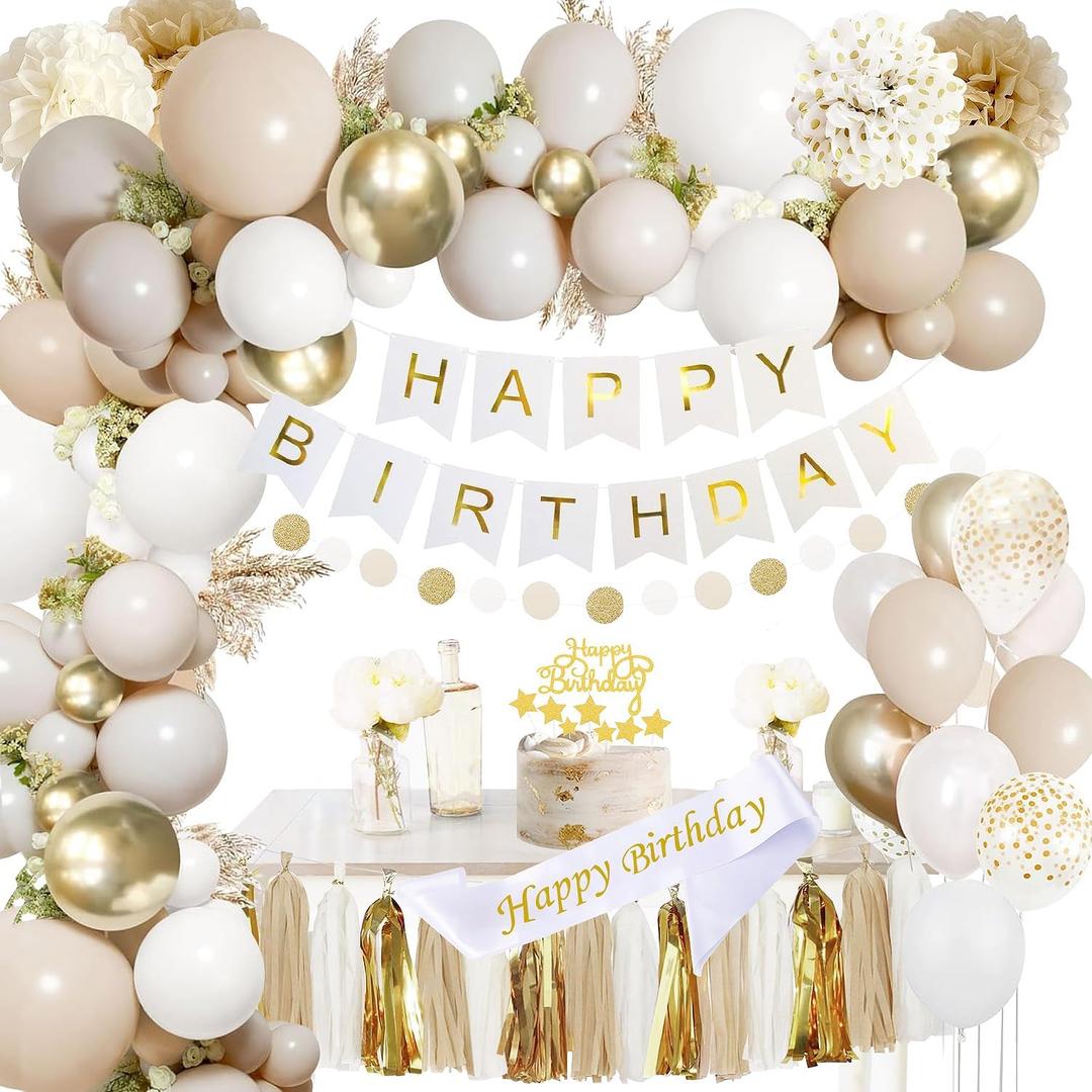 2 x Upgraded Gold White Birthday Party Decorations for Girls Women Men with Happy Birthday Sash,Banner,Tissue Pompoms,Circle Dots Garland,Paper Tassels Garland, cake topper for Her Decor