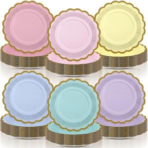 96 Pcs Pastel Paper Plates 9 Inch Gradient Scalloped Paper Disposable Dinner Dessert Plates for Easter Birthday Wedding Bridal Party Supplies, 6 Colors