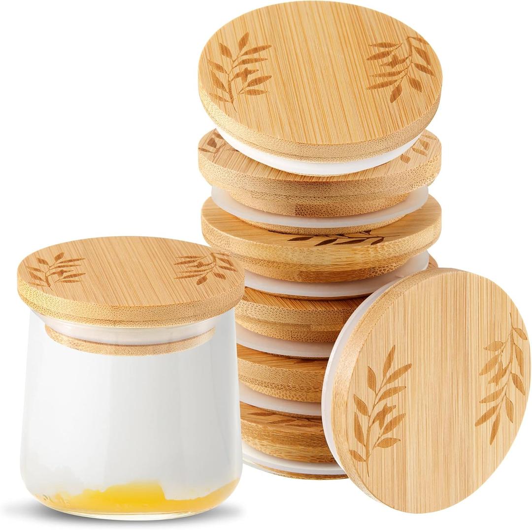 6 Pcs Yogurt Jar Lids Set Compatible with Oui Yogurt Jars Bamboo Wooden Lids Round Reusable Canning Covers with Silicone Sealing Rings for Kitchen Food Storage (Jar Not Included)