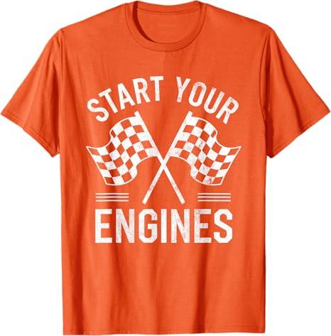 Start Your Engines Vintage Checkered Flag Race Car T-Shirt, S