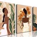3 PAck Framed Black Girl Wall Art Set of 3, Black Woman with Floral Pictures Wall Decor Paintings, Fashion African American Female Canvas Prints Home Decor for Living Room Bedroom Office 12x16 inch (16L" x 12W")