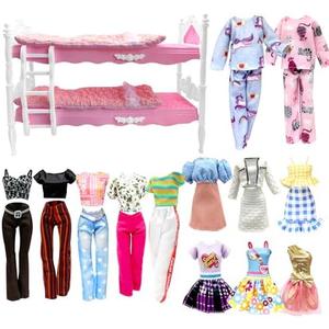 Dolls Clothes and Accessories, Bunk Bed Playset, 2 Pajamas, 2 Fashion Dresses, 2 Clothing Outfits, Bedroome Set for 11.5 inch Dolls, with 2 Blankets