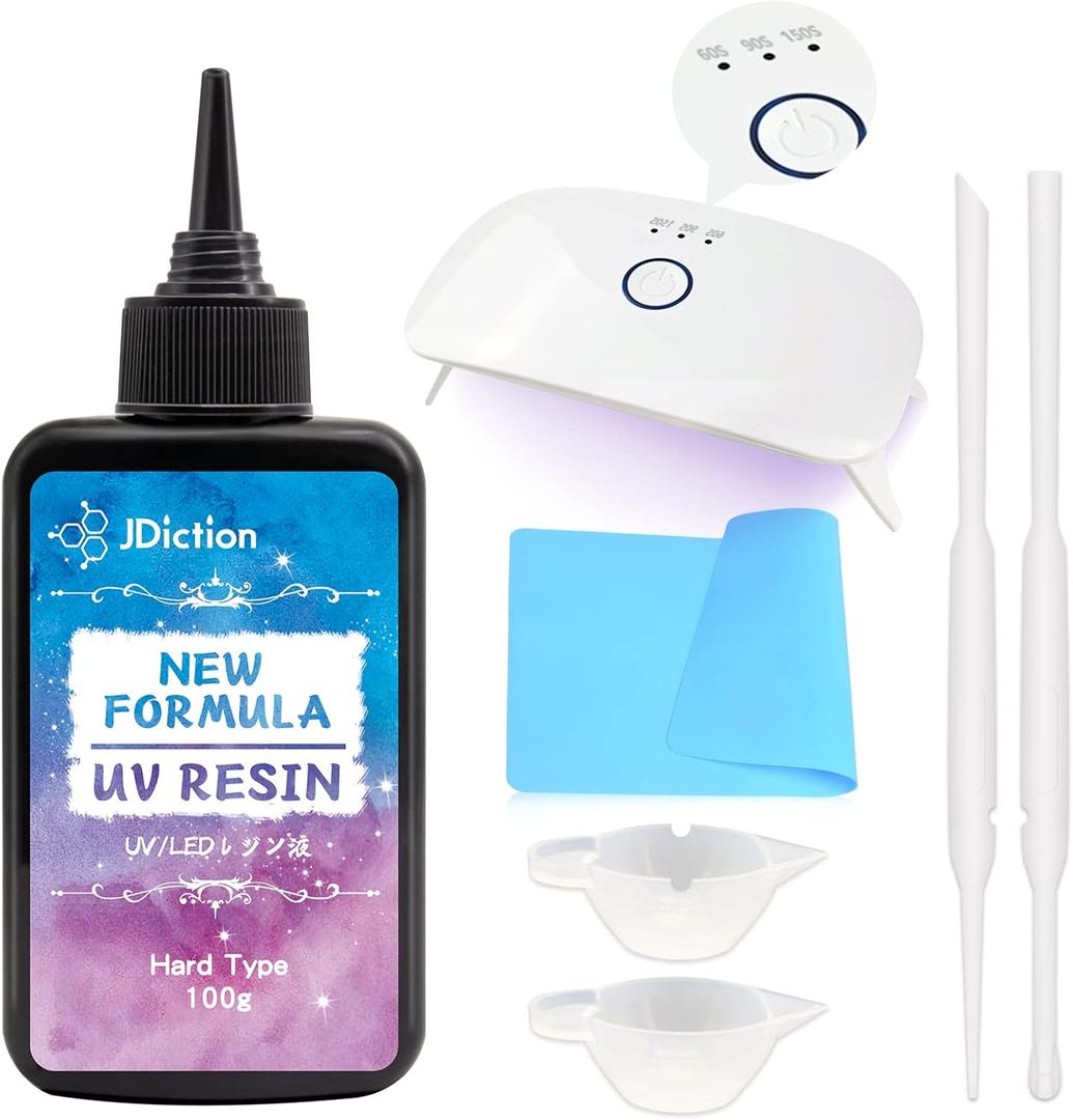 JDiction UV Resin Kit with Light, Crystal Clear Hard Glue Sunlight Curing UV Resin Starter Kit for Jewelry, Coating, and Casting, DIY Craft