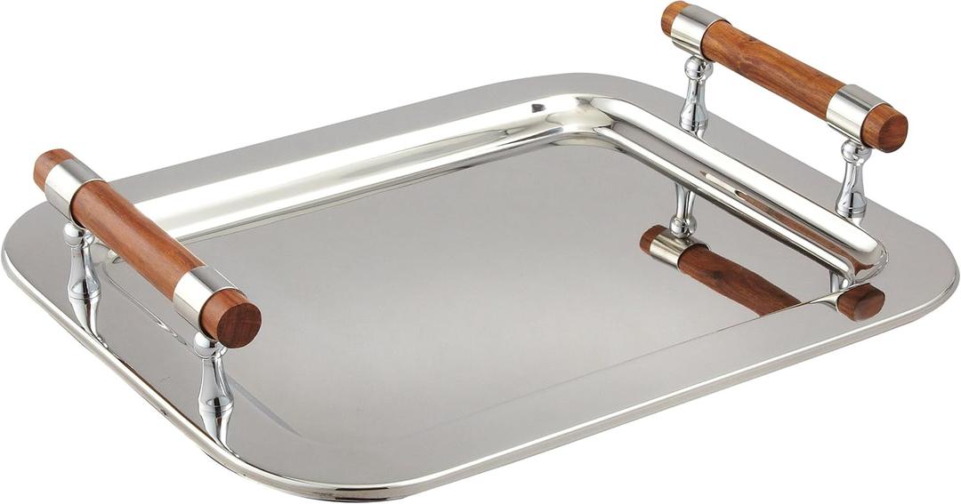 Stainless Steel Rectangular Tray with Wood Handles, 16.5 by 13-Inch, Silver