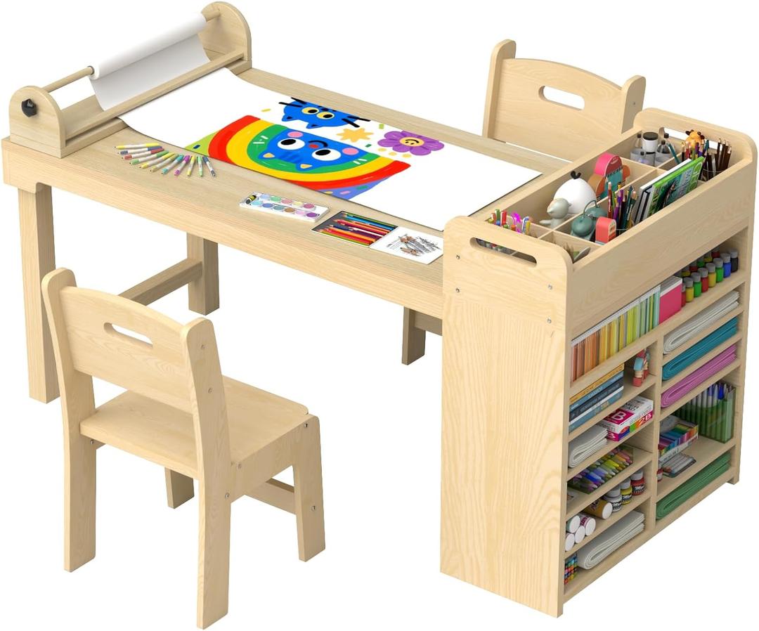 45.3L x 23W Kids Art & Craft Table and 2 Chairs Set, Paper Roll Rack and Portable Supply Organizer, Art Desk and Craft Tables for Kids,Toddler Activity and Coloring Table with Storage(Oak)