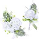 Fnize White Wrist Corsage and Boutonniere Set for Bride Groom Bridesmaids Groomsmen Wedding Homecoming Flowers Prom Suit Accessories, Rose Boutonniere and Corsage Wristlet Flower